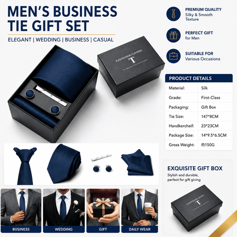 Darrahopens Fashion > Men's Fashion > Men's Suits & Tuxedos HB383 Dark Blue Premium Men's 4-Piece Formal Tie Set -  Necktie, Pocket Square, Cufflinks, and Tie Clip in a Luxury Gift Box In Australia - Darrahopens