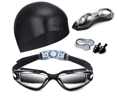 Darrahopens Fashion > Men's Fashion > Men's Swimwear Black Swim Goggles Set with Cap, Nose Clip, Earplugs & Case: Anti-Fog UV Protection for Men & Women