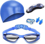 Darrahopens Fashion > Men's Fashion > Men's Swimwear Blue Swim Goggles Set with Cap, Nose Clip, Earplugs & Case: Anti-Fog UV Protection for Men & Women