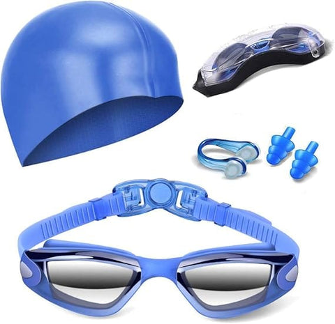 Darrahopens Fashion > Men's Fashion > Men's Swimwear Blue Swim Goggles Set with Cap, Nose Clip, Earplugs & Case: Anti-Fog UV Protection for Men & Women