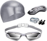 Darrahopens Fashion > Men's Fashion > Men's Swimwear Gray Swim Goggles Set with Cap, Nose Clip, Earplugs & Case: Anti-Fog UV Protection for Men & Women