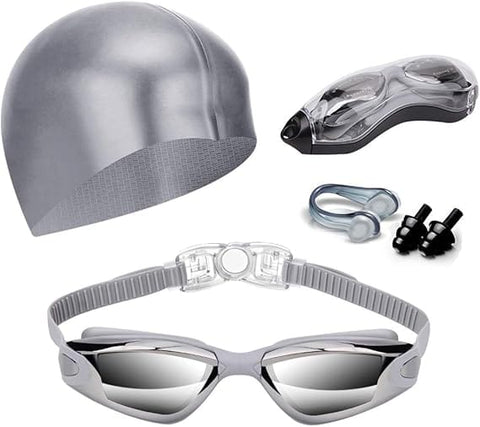 Darrahopens Fashion > Men's Fashion > Men's Swimwear Gray Swim Goggles Set with Cap, Nose Clip, Earplugs & Case: Anti-Fog UV Protection for Men & Women