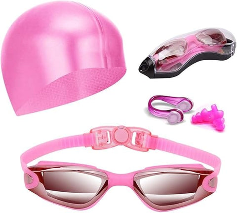 Darrahopens Fashion > Men's Fashion > Men's Swimwear Pink Swim Goggles Set with Cap, Nose Clip, Earplugs & Case: Anti-Fog UV Protection for Men & Women