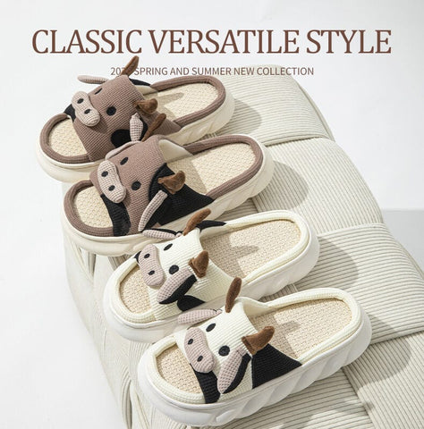 Darrahopens Fashion > Men's Fashion > Men's Thongs & Sandals Unisex Cow Cartoon Linen Slippers: EVA Thick Sole Non-Slip Beach Sandals for Couples & Parent-Child, 7 Styles(black)
