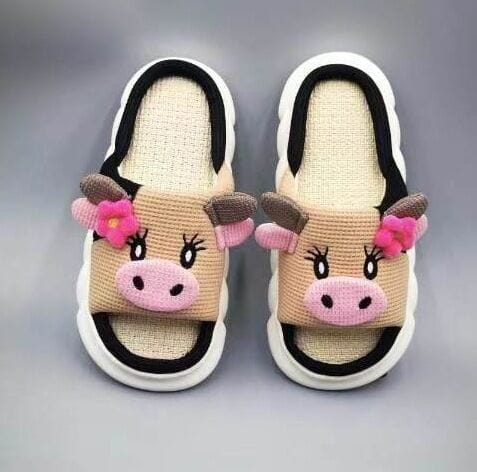 Darrahopens Fashion > Men's Fashion > Men's Thongs & Sandals Unisex Cow Cartoon Linen Slippers: EVA Thick Sole Non-Slip Beach Sandals for Couples & Parent-Child, 7 Styles(pink)