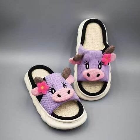Darrahopens Fashion > Men's Fashion > Men's Thongs & Sandals Unisex Cow Cartoon Linen Slippers: EVA Thick Sole Non-Slip Beach Sandals for Couples & Parent-Child, 7 Styles(white)