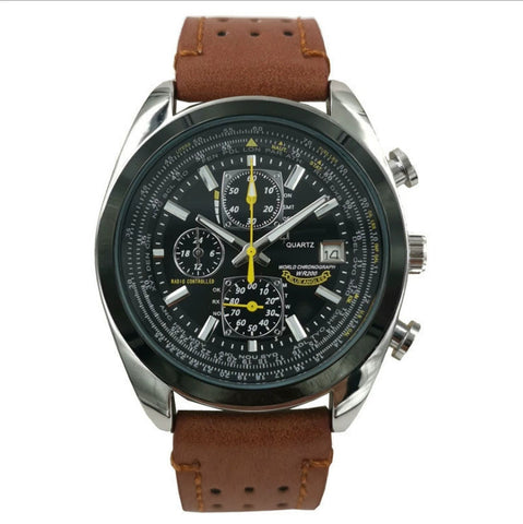 Darrahopens Fashion > Men's Fashion > Men's Watches Brown leather black dial watch Elegant Men's Quartz Chronograph Watch with 42mm Case and Perpetual Calendar