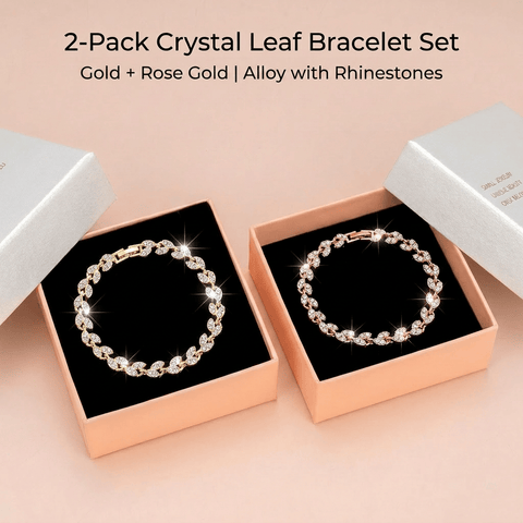 Darrahopens Fashion > Women's Fashion > Women's Accessories 2 Pack Gold and Rose Gold Women's Crystal Leaf Bracelets with Gift Box – Elegant Rhinestone Alloy Link Bracelet, Minimalist Fashion Jewelry Gift for Women