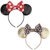 Darrahopens Fashion > Women's Fashion > Women's Accessories 2-Pack Minnie-Style Sequin Ear Headbands for Women & Girls – Sparkly Mouse Ears with Fabric Bows (Polka Dot Red & Leopard Print), Stretchy Comfort Fit, Perfect for Theme Parks, Parties, Cosplay, Photoshoots, and Daily Fun (Black & Beige)
