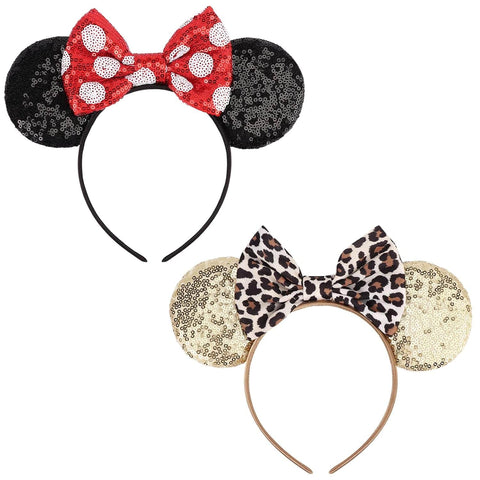 Darrahopens Fashion > Women's Fashion > Women's Accessories 2-Pack Minnie-Style Sequin Ear Headbands for Women & Girls – Sparkly Mouse Ears with Fabric Bows (Polka Dot Red & Leopard Print), Stretchy Comfort Fit, Perfect for Theme Parks, Parties, Cosplay, Photoshoots, and Daily Fun (Black & Beige)