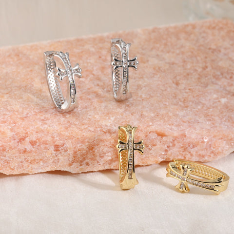 Darrahopens Fashion > Women's Fashion > Women's Accessories 2-Pair Gold & Sliver Sparkling Iced Out Rhinestone Cross Hoop Earrings - Punk Elegance Ear Buckle for Women
