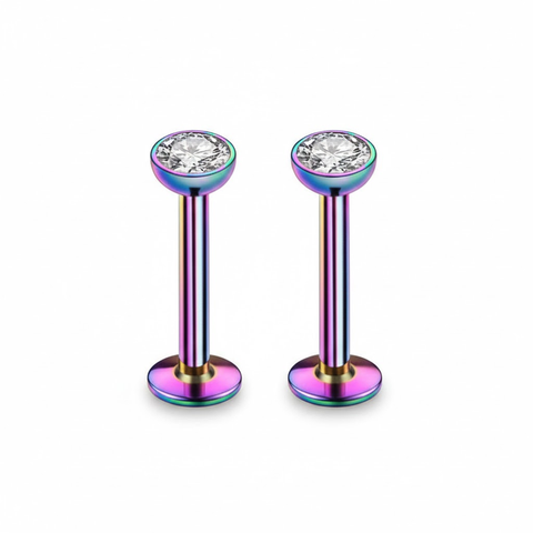 Darrahopens Fashion > Women's Fashion > Women's Accessories 2 PCS Internally Threaded Labret Studs - 16G 8mm Stainless Steel Flat Back with 3mm CZ Crystal - Rainbow Tone Body Piercing for Lip Tragus Helix