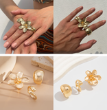 Darrahopens Fashion > Women's Fashion > Women's Accessories 3-Piece Sculptural Gold Tone Ring Set - Large Textured Flower, Chunky Smooth Dome & Teardrop Wrap Band - Adjustable Statement Jewellery