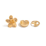 Darrahopens Fashion > Women's Fashion > Women's Accessories 3-Piece Sculptural Gold Tone Ring Set - Large Textured Flower, Chunky Smooth Dome & Teardrop Wrap Band - Adjustable Statement Jewellery