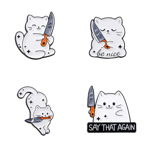 Darrahopens Fashion > Women's Fashion > Women's Accessories 4 PCS Funny White Cat with Knife Enamel Pins Set Cute Cartoon Lapel Badge Brooch for Backpacks Denim Jackets Sassy Aesthetic Gift