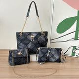 Darrahopens Fashion > Women's Fashion > Women's Accessories 4-PCS Plaid Contrast-Color Handbag Set - Large Capacity PU Leather Shoulder Bag with Secure Zipper & Buckle Closure, Stylish Strap & Charms(Black & Grey)