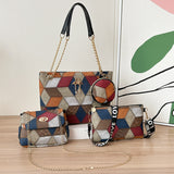 Darrahopens Fashion > Women's Fashion > Women's Accessories 4-PCS Plaid Contrast-Color Handbag Set - Large Capacity PU Leather Shoulder Bag with Secure Zipper & Buckle Closure, Stylish Strap & Charms(Brown & Blue)