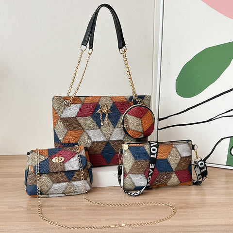 Darrahopens Fashion > Women's Fashion > Women's Accessories 4-PCS Plaid Contrast-Color Handbag Set - Large Capacity PU Leather Shoulder Bag with Secure Zipper & Buckle Closure, Stylish Strap & Charms(Brown & Blue)