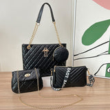 Darrahopens Fashion > Women's Fashion > Women's Accessories 4-Piece PU Leather Rhombus Handbag Set - Large Capacity Shoulder Bag with Secure Zipper & Buckle Closure, Stylish Strap & Charms(Black)