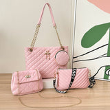 Darrahopens Fashion > Women's Fashion > Women's Accessories 4-Piece PU Leather Rhombus Handbag Set - Large Capacity Shoulder Bag with Secure Zipper & Buckle Closure, Stylish Strap & Charms(Pink)