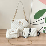 Darrahopens Fashion > Women's Fashion > Women's Accessories 4-Piece PU Leather Rhombus Handbag Set - Large Capacity Shoulder Bag with Secure Zipper & Buckle Closure, Stylish Strap & Charms(White)