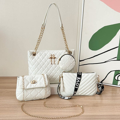 Darrahopens Fashion > Women's Fashion > Women's Accessories 4-Piece PU Leather Rhombus Handbag Set - Large Capacity Shoulder Bag with Secure Zipper & Buckle Closure, Stylish Strap & Charms(White)