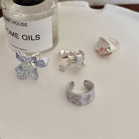 Darrahopens Fashion > Women's Fashion > Women's Accessories 4PCS Vintage Camellia Handmade Enamel Stackable Wide Metal Rings A+B+C+D with Zirconia Accents - French Style Stackable Floral Band for Women