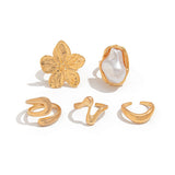 Darrahopens Fashion > Women's Fashion > Women's Accessories 5 PCS Liquid Gold Tone Ring Set - Baroque Faux Pearl, Textured Flower & Abstract Wave Bands - Adjustable Boho Stackable Jewellery