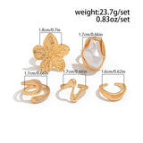 Darrahopens Fashion > Women's Fashion > Women's Accessories 5 PCS Liquid Gold Tone Ring Set - Baroque Faux Pearl, Textured Flower & Abstract Wave Bands - Adjustable Boho Stackable Jewellery