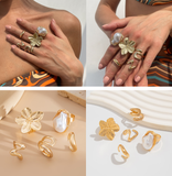 Darrahopens Fashion > Women's Fashion > Women's Accessories 5 PCS Liquid Gold Tone Ring Set - Baroque Faux Pearl, Textured Flower & Abstract Wave Bands - Adjustable Boho Stackable Jewellery