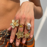 Darrahopens Fashion > Women's Fashion > Women's Accessories 5-Piece Molten Gold Tone Ring Set - Vintage Baroque Flowers, Large Faux Pearl & Colourful Gem Cuff - Adjustable Boho Stackable Jewellery