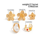 Darrahopens Fashion > Women's Fashion > Women's Accessories 5-Piece Molten Gold Tone Ring Set - Vintage Baroque Flowers, Large Faux Pearl & Colourful Gem Cuff - Adjustable Boho Stackable Jewellery