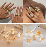 Darrahopens Fashion > Women's Fashion > Women's Accessories 5-Piece Molten Gold Tone Ring Set - Vintage Baroque Flowers, Large Faux Pearl & Colourful Gem Cuff - Adjustable Boho Stackable Jewellery