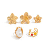 Darrahopens Fashion > Women's Fashion > Women's Accessories 5-Piece Molten Gold Tone Ring Set - Vintage Baroque Flowers, Large Faux Pearl & Colourful Gem Cuff - Adjustable Boho Stackable Jewellery