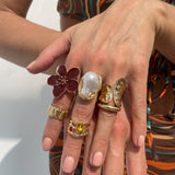 Darrahopens Fashion > Women's Fashion > Women's Accessories 6-Piece Gold Chunky Stackable Ring Set Deep Red Enamel Flower & Baroque Pearl - Adjustable Open Finger Jewellery for Women (Light Gold)