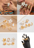 Darrahopens Fashion > Women's Fashion > Women's Accessories 6-Piece Gold Chunky Stackable Ring Set Orange Enamel Flower & Baroque Pearl - Adjustable Open Finger Jewellery for Women (Light Gold)