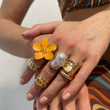 Darrahopens Fashion > Women's Fashion > Women's Accessories 6-Piece Gold Chunky Stackable Ring Set Yellow Enamel Flower & Baroque Pearl - Adjustable Open Finger Jewellery for Women (Light Gold)