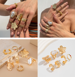 Darrahopens Fashion > Women's Fashion > Women's Accessories 7-Piece Molten Gold Tone Ring Set - Baroque Faux Pearl, Flower, Chain Link & Abstract Shield Bands - Ultimate Adjustable Boho Stackable Jewellery