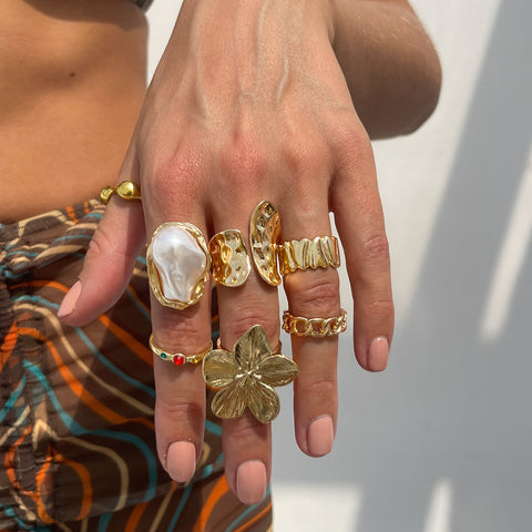 Darrahopens Fashion > Women's Fashion > Women's Accessories 7-Piece Molten Gold Tone Ring Set - Baroque Faux Pearl, Flower, Chain Link & Abstract Shield Bands - Ultimate Adjustable Boho Stackable Jewellery