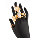 Darrahopens Fashion > Women's Fashion > Women's Accessories 7-Piece Molten Gold Tone Ring Set - Baroque Faux Pearl, Flower, Chain Link & Abstract Shield Bands - Ultimate Adjustable Boho Stackable Jewellery