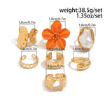 Darrahopens Fashion > Women's Fashion > Women's Accessories 7-Piece Orange Liquid Lava Flower Stacking Open Rings Set with Imitation Pearls & Geometric Dripping Oil - Hollow Joint Knuckle Ring for Women