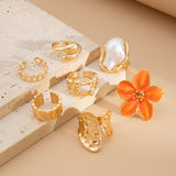 Darrahopens Fashion > Women's Fashion > Women's Accessories 7-Piece Orange Liquid Lava Flower Stacking Open Rings Set with Imitation Pearls & Geometric Dripping Oil - Hollow Joint Knuckle Ring for Women
