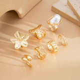 7-Piece White Liquid Lava Flower Stacking Open Rings Set with Imitation Pearls & Geometric Dripping Oil - Hollow Joint Knuckle Ring for Women