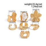 7-Piece White Liquid Lava Flower Stacking Open Rings Set with Imitation Pearls & Geometric Dripping Oil - Hollow Joint Knuckle Ring for Women