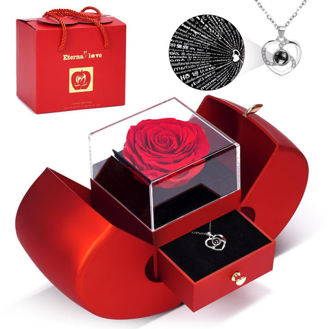 Darrahopens Fashion > Women's Fashion > Women's Accessories A Hundred Languages Heart-Shaped Projection Necklace Set, silver-plated with zirconia inlay, paired with an apple preserved rose gift box—a perfect fusion of technology and romance.