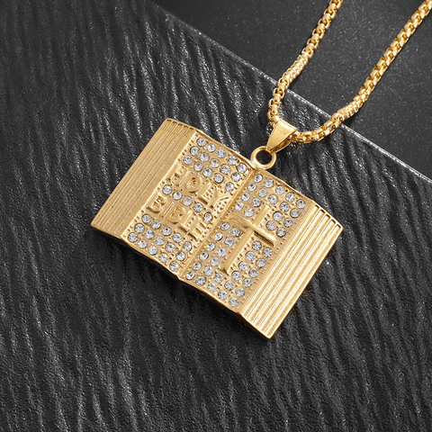 Darrahopens Fashion > Women's Fashion > Women's Accessories Aureate Vintage Holy Bible Book Pendant Necklace -  Plated Alloy Cross Scripture Book Pendant with Crystal Rhinestones-Gift for Men and Women