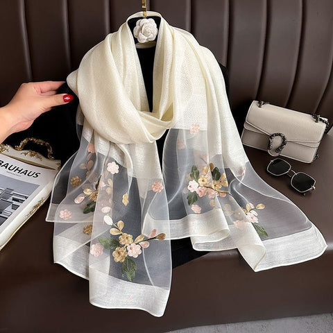 Darrahopens Fashion > Women's Fashion > Women's Accessories Beige Elegant Embroidered Begonia Flower Long Scarf for Women - Beaded Faux Silk Shawl with Floral Design, Lightweight Sunscreen Wrap for Spring Autumn Daily Wear
