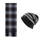 Darrahopens Fashion > Women's Fashion > Women's Accessories Black + Blue Striped Wool-Blend Beanie & Plaid Fringed Scarf Set — Soft Knit Hat (36 x 26 cm) and Oversized Shawl (200 x 65 cm); A Must-Have for Christmas and Cold Weather