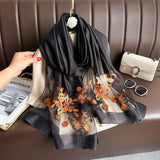 Darrahopens Fashion > Women's Fashion > Women's Accessories Black Elegant Embroidered Begonia Flower Long Scarf for Women - Beaded Faux Silk Shawl with Floral Design, Lightweight Sunscreen Wrap for Spring Autumn Daily Wear