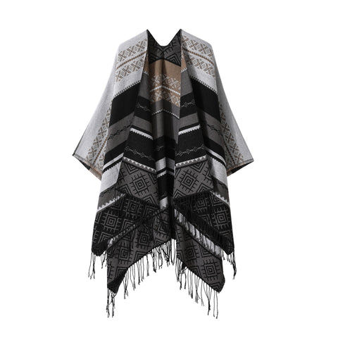Darrahopens Fashion > Women's Fashion > Women's Accessories Black-grey Palindrome Fringe Bohemian Fringe Shawl Cloak - 160 x 135 cm Ethnic Inner Mongolia Style Double-Sided Scarf Cape